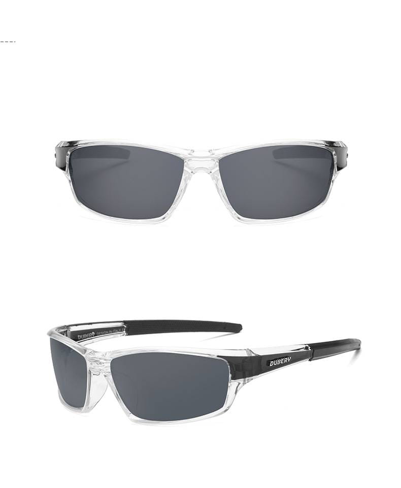 Dubery retro polarized sport sunglasses with clear frames dark gray lenses and black temple tips featuring a sleek modern design.