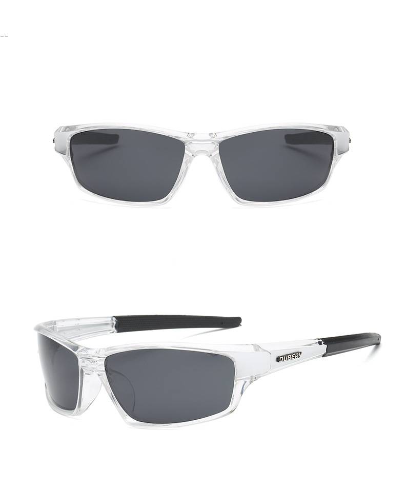Dubery Retro Polarized sport sunglasses with clear frames dark gray lenses and black temple tips featuring a sleek modern design.