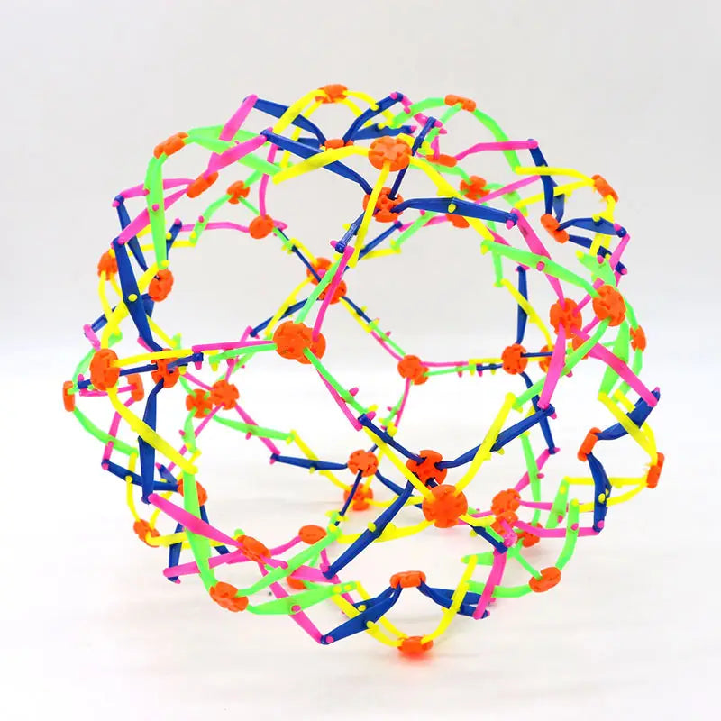 Jouet en sphère télescopique coloré, fabriqué à partir de tiges en plastique néon rose, bleu, jaune et vert emboîtables, reliées par des hubs orange.