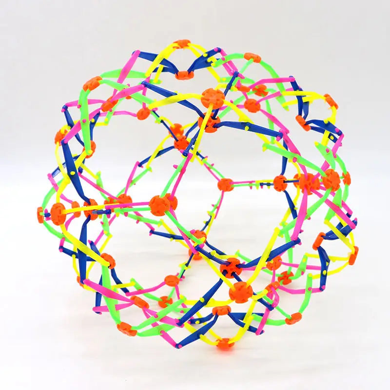 Jouet en sphère télescopique coloré, composé de segments en plastique néon rose, jaune, bleu et orange emboîtables, avec des connecteurs orange lumineux.