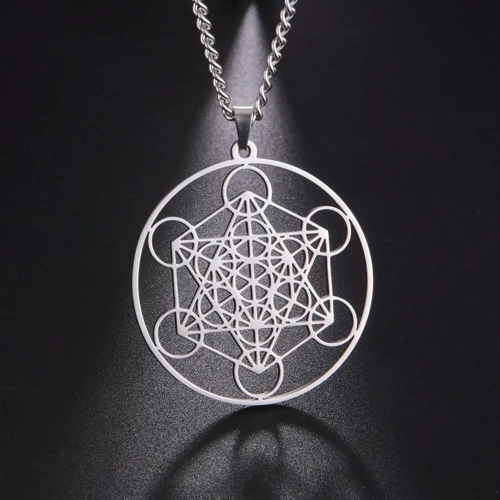 Silver metatrons cube stainless steel moon goddess necklace with intricate geometric design pendant suspended on a twisted chain