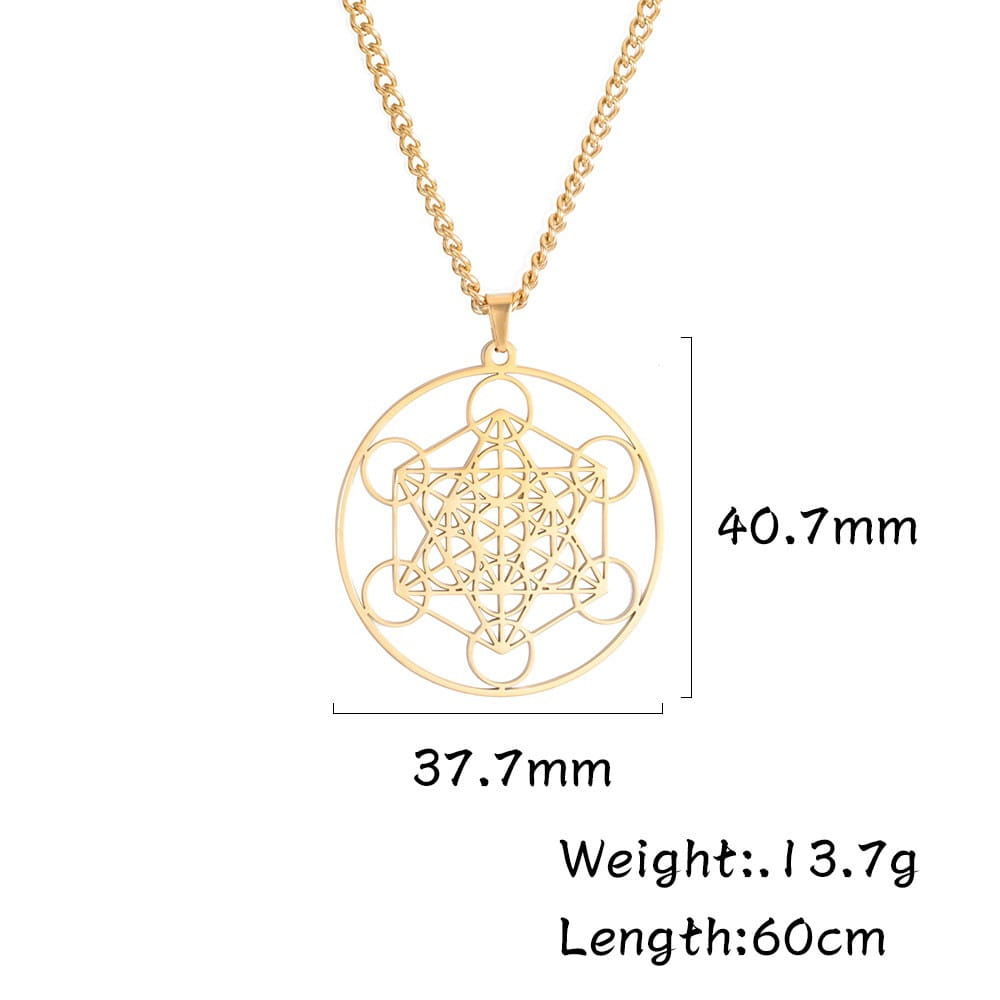Gold-toned stainless steel pendant necklace featuring a geometric metatron’s cube design suspended on a matching chain from the Metatron Cube stainless steel moon goddess necklace collection.