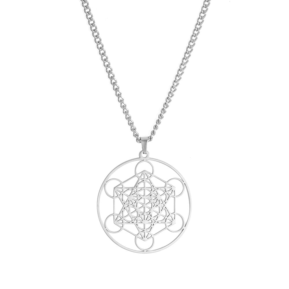 Silver geometric pendant necklace featuring a circular intricate metatron’s cube design suspended on a matching stainless steel chain from the Metatron Cube Stainless Steel Moon Goddess Necklace collection.