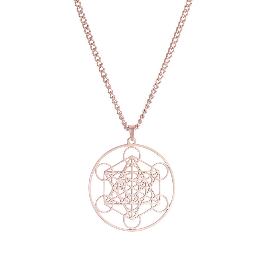 Rose gold metatron cube stainless steel pendant on a matching chain from the moon goddess necklace collection.