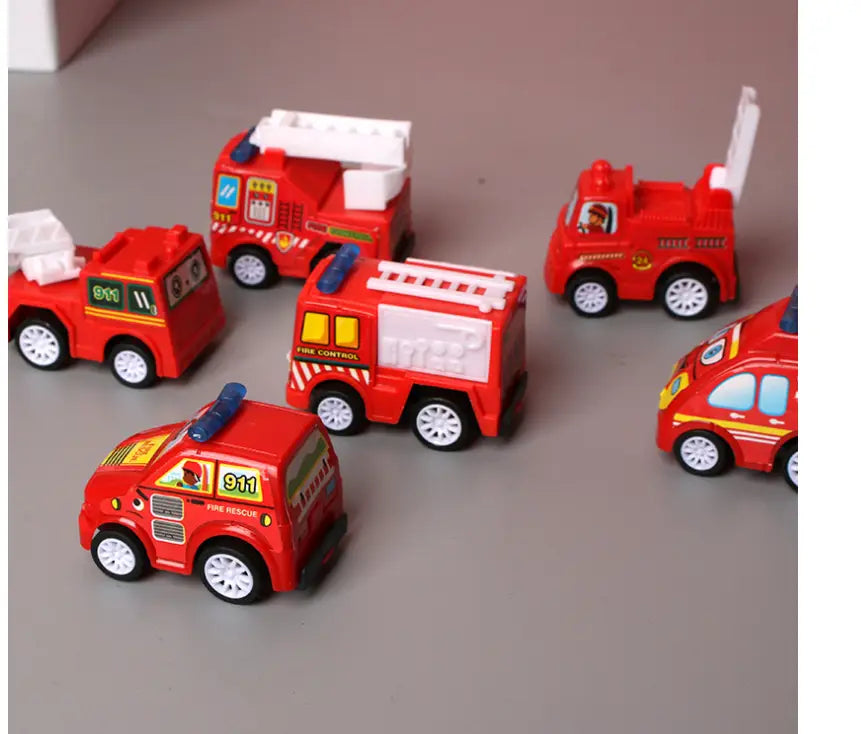 Red plastic pull back fire trucks with white ladders and blue lights in an engineering vehicle toy set.