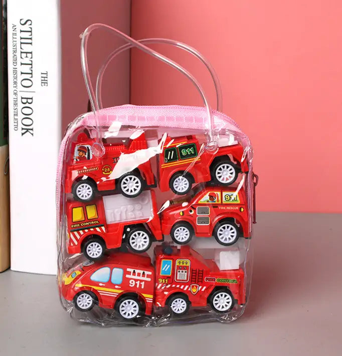 Red plastic pull back fire truck and engineering vehicle toy set packaged in a clear plastic bag with a pink zipper.