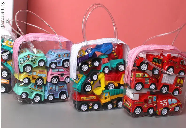 three clear plastic bags containing colorful pull back fire truck and engineering vehicle toy set with various designs and vibrant hues