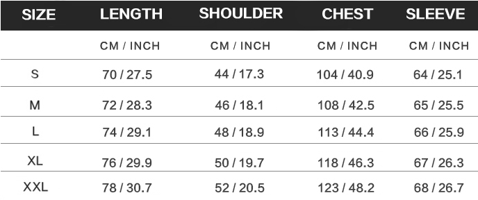 Size chart for men’s satin dress shirt with sequined yoke detail showing measurements in centimeters and inches for sizes S through XXL.