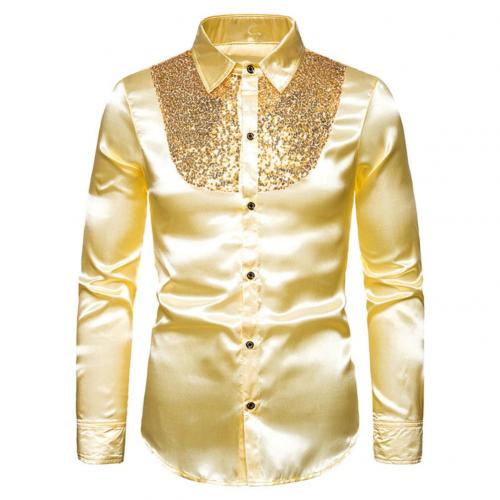 A shimmering gold satin men’s dress shirt featuring a sequined yoke detail and black buttons.
