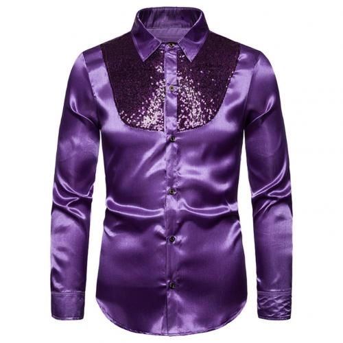 Men’s purple satin dress shirt with a black sequined yoke detail.