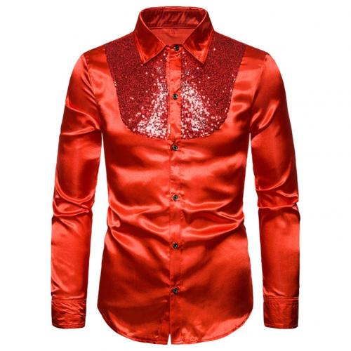 A vibrant red men’s satin dress shirt featuring a sparkling sequined yoke detail.