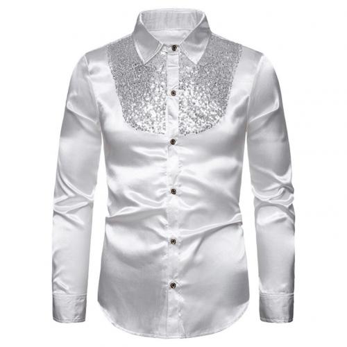 men’s white satin dress shirt with a sparkling silver sequined yoke detail on the front