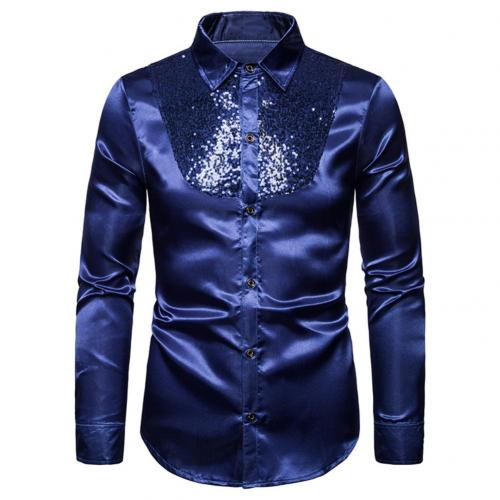 A sleek navy blue satin men’s dress shirt featuring a sparkling sequined yoke detail.