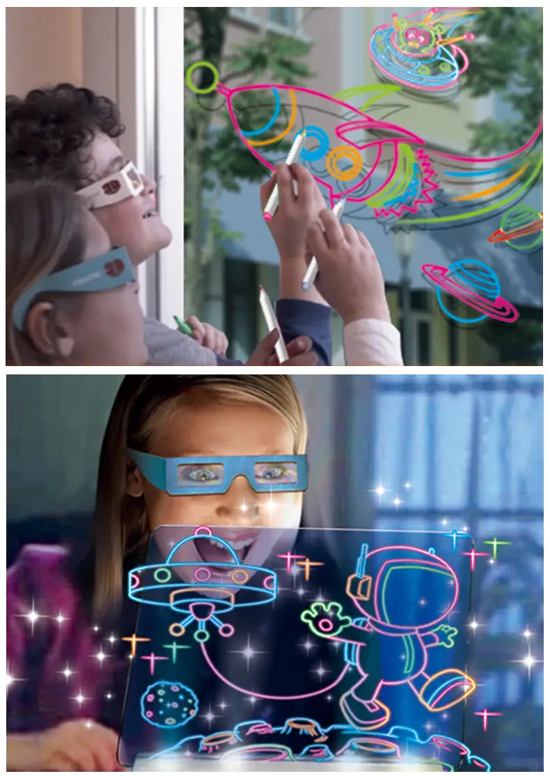 Des lunettes de dessin pour enfants en 3d à cadre bleu, avec des effets lumineux d’illustration au trait néon, présentées dans une planche de dessin magique 3d à leds, jouet éducatif.