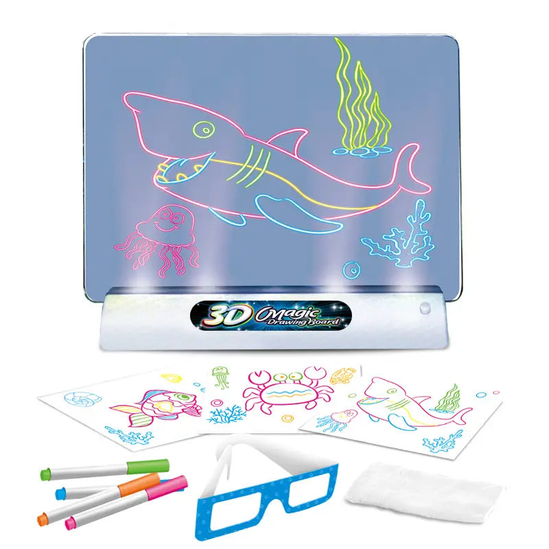 Jouet éducatif de planche de dessin magique 3d à leds avec des contours de requin et de créatures marines de couleur néon sur une surface éclairée, des marqueurs colorés, des lunettes bleues en 3d et des feuilles de dessin à motifs.