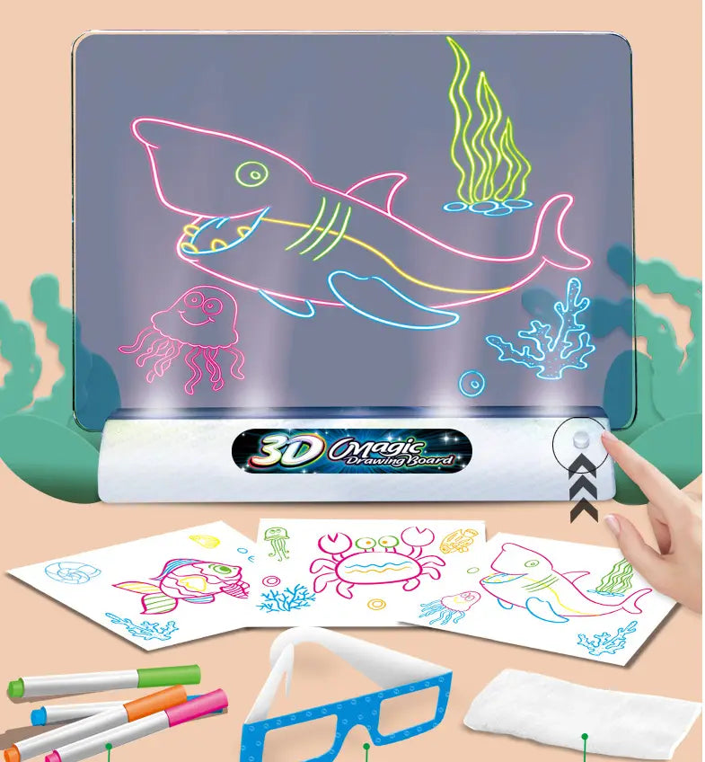 Le jouet éducatif de planche de dessin magique 3d à leds présente un design rectangulaire élégant, avec des contours vibrants de couleur néon de la vie marine sur sa surface transparente.
