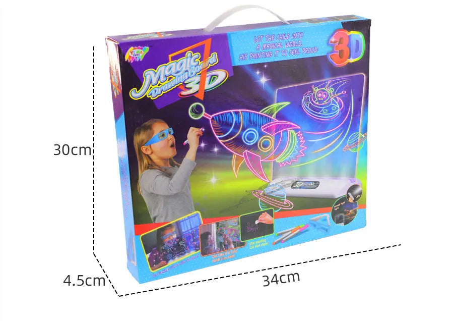Boîte colorée pour un kit artistique pour enfants en 3d à surimpression magique, comprenant des designs néon vibrants et un dessin d’enfant avec des marqueurs lumineux sur la planche de dessin magique 3d à leds, jouet éducatif.