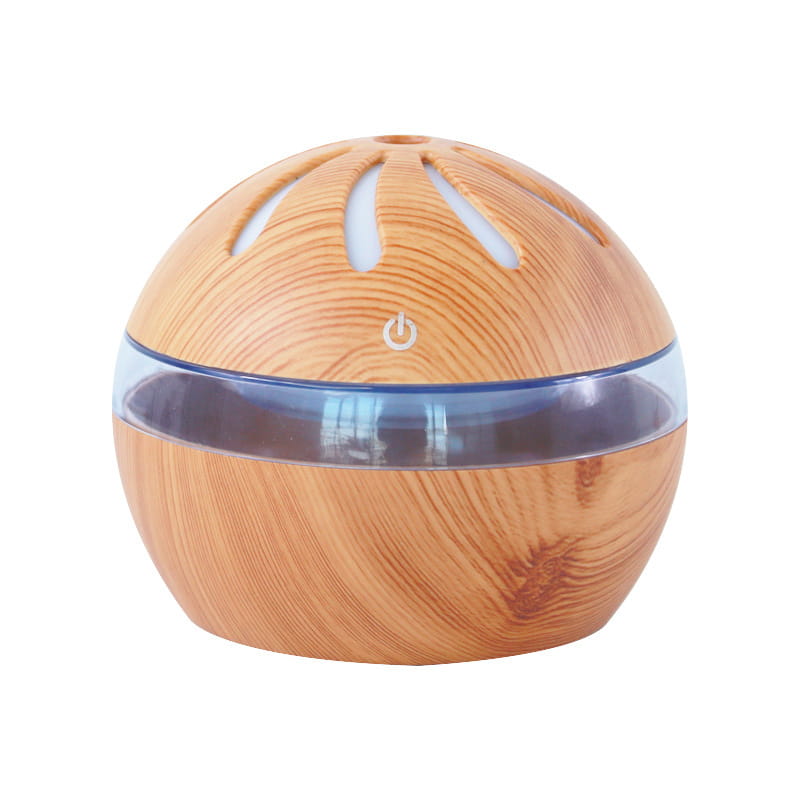 windmill wooden spherical aroma diffuser usb 1l with wood-grain finish, clear glass band, and slotted top air freshener design.