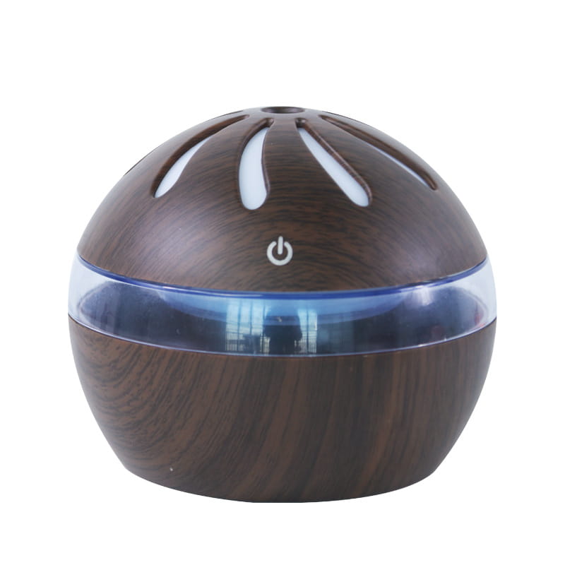 Brown wooden-textured spherical windmill aroma diffuser with a clear glass band and white slits on top designed for USB use and 1-liter capacity.