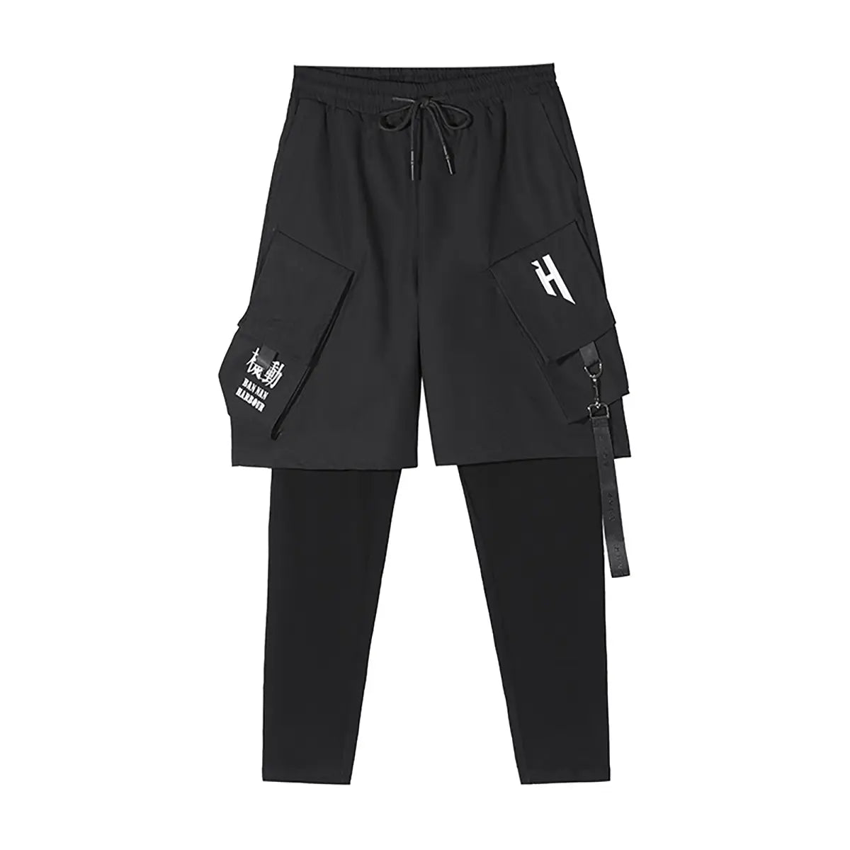 black cargo-style two-piece pants with drawstring waist, large side pockets with white lettering and logos, and adjustable straps on the outer leg panels for a hip hop look.
