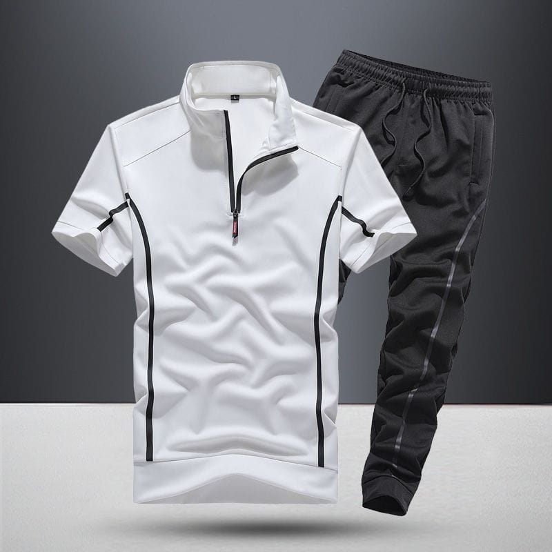 Men summer athletic short sleeve two piece set featuring a white short-sleeved athletic top with a black zipper and trim details suitable for sports and outdoor activities.
