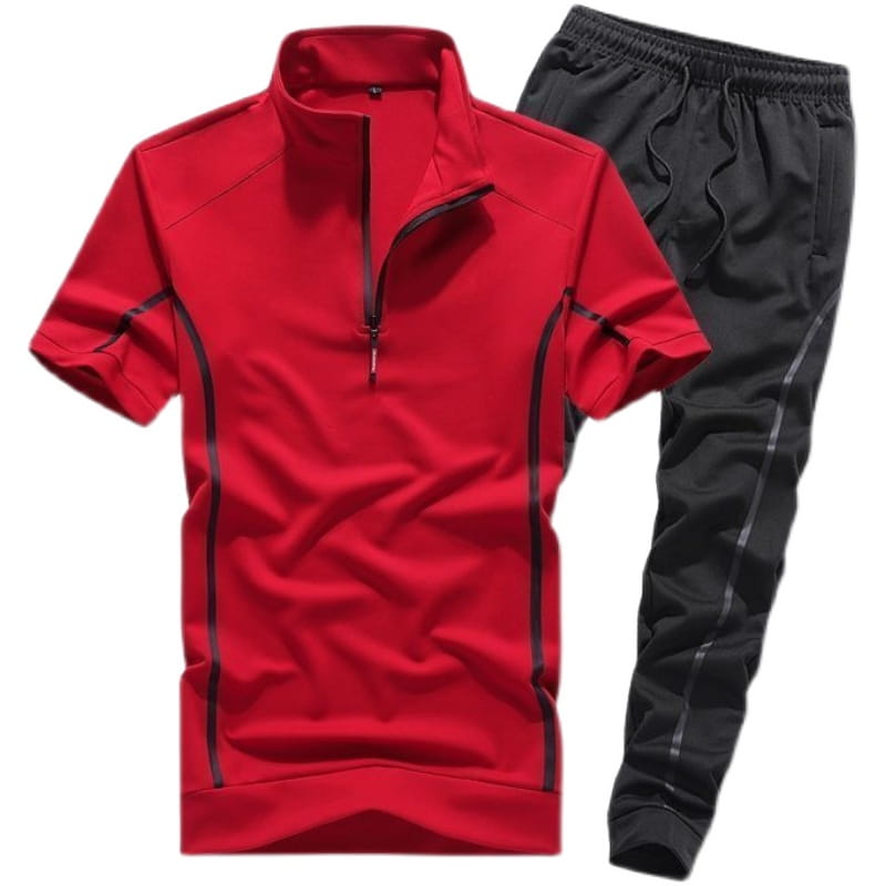 Men summer athletic short sleeve two piece set featuring a red short-sleeved top with black zipper and trim details suitable for sports and casual wear.