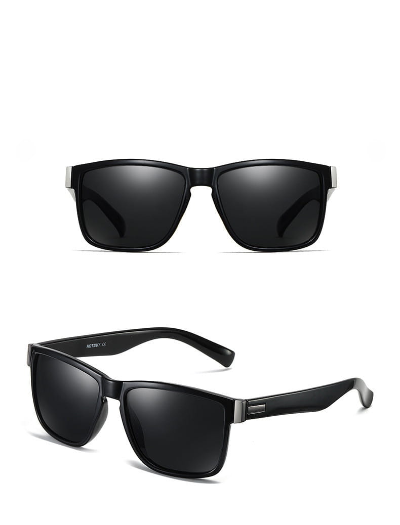 Black rectangular polarized square sports sunglasses with dark gray mirrored lenses, silver-toned metal accents on the temples, and UV400 protection.