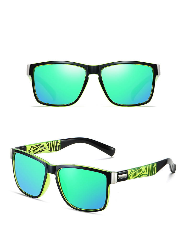 Black-framed polarized square sports sunglasses with uv400 protection, vibrant green mirrored lenses, neon yellow temple accents, and bold hotbuy logo design.