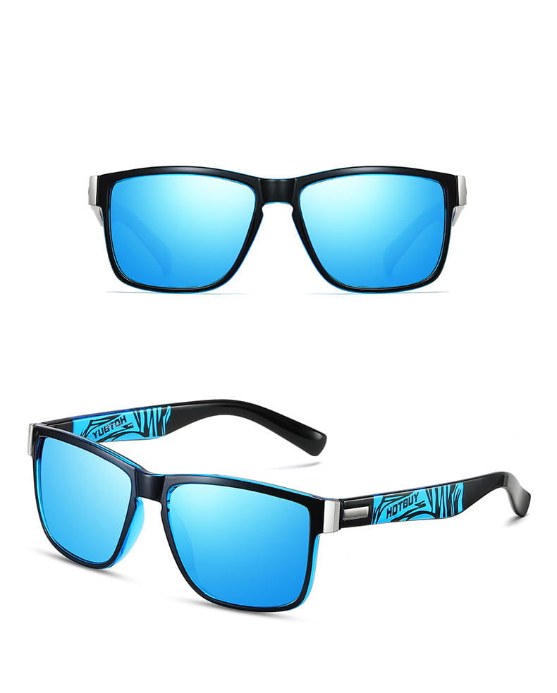 Polarized square sports sunglasses with uv400 protection featuring black frames, vibrant blue mirrored lenses, and teal zebra-striped accents on the temples in a sleek modern design.