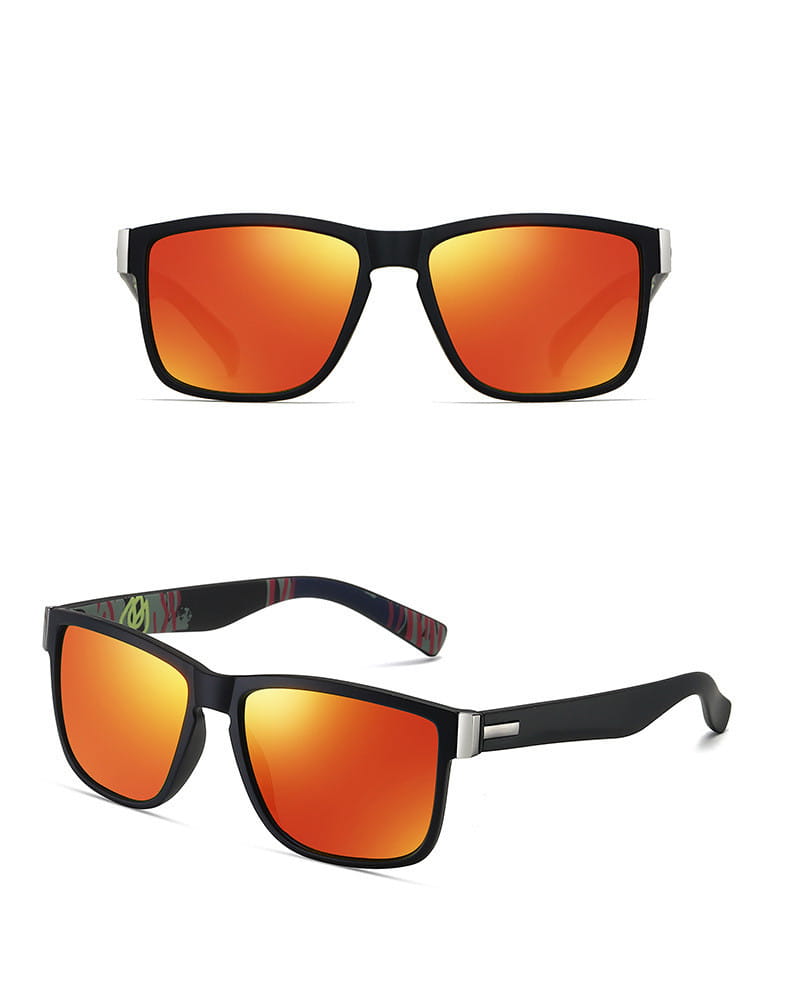 Black-framed polarized square sports sunglasses with vibrant orange mirrored lenses and uv400 protection for outdoor activities.