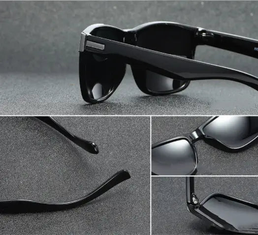 Black plastic polarized square sports sunglasses with sleek modern design and uv400 dark tinted lenses.