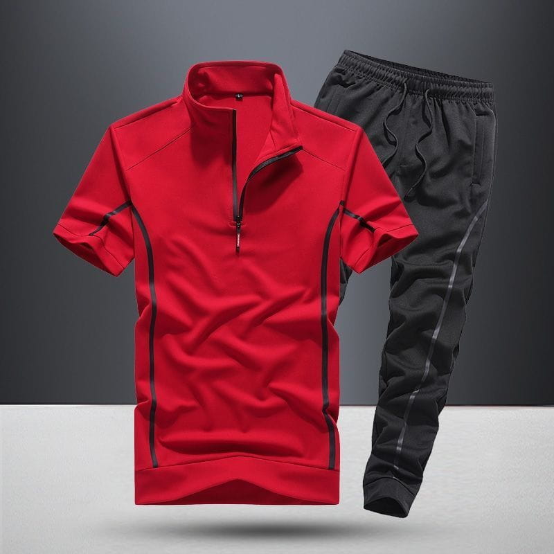 Men summer athletic short sleeve two piece set featuring a red short-sleeved athletic top with a black zipper and trim details.