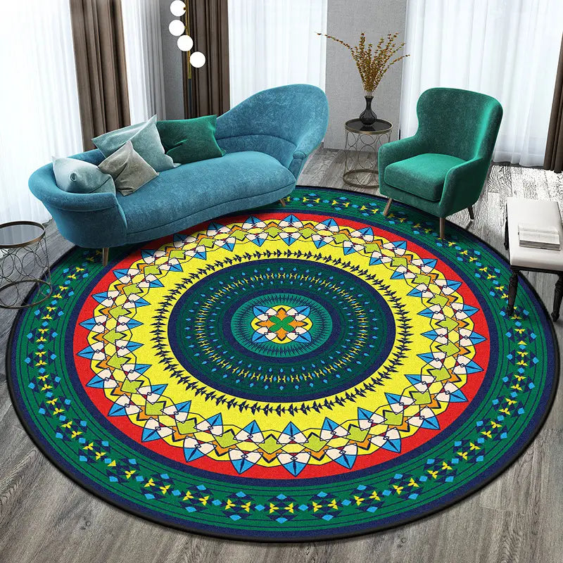 Lebhafter geometrischer Mandala-Rundteppich in kräftigen Rot-, Gelb-, Grün- und Blau-Tönen, aus Polyester gefertigt, zur dekorativen Bodengestaltung.