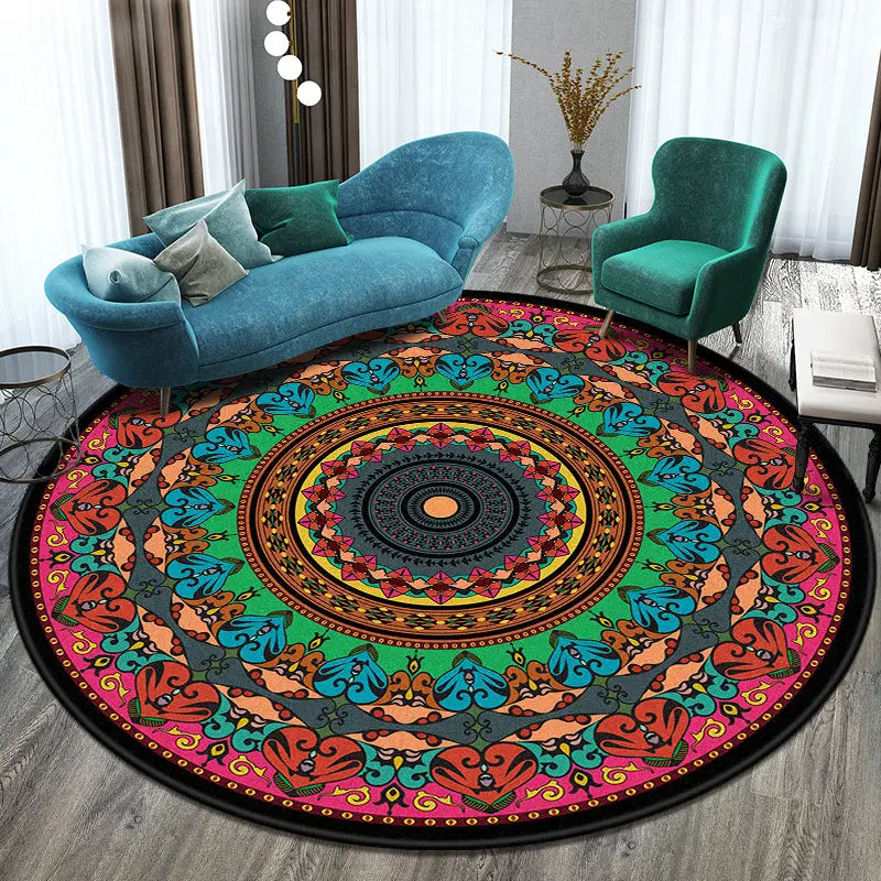 Rundteppich im Mandala-Stil mit lebhaftem geometrischem Polyesterbelag und einem kunstvollen Mandala-Design in kräftigen Rosa-, Grün-, Blau- und Orangetönen.
