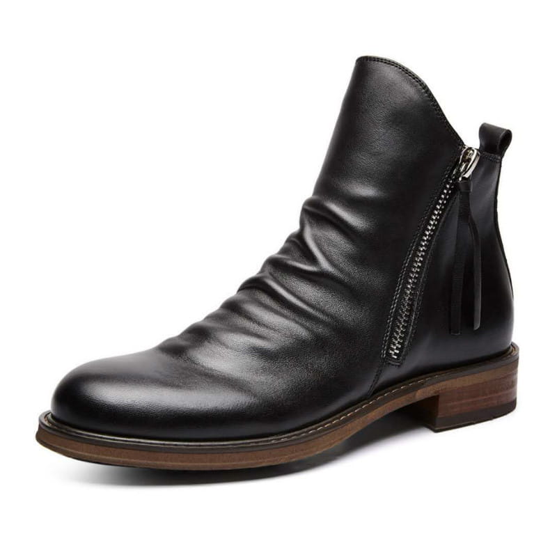 Schwarzer Leder-Herren-Chelsea-Ankle-Boot mit seitlichem Reißverschluss und Kordel-/Quasten-Detail.