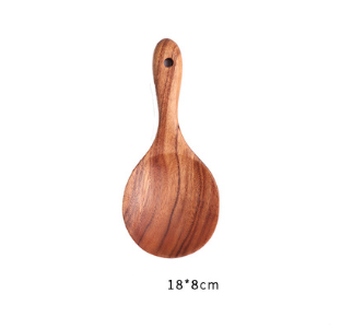 A smooth light brown teak wood cooking spoon with a rounded bowl and slender handle from a 7 piece kitchen utensil set.