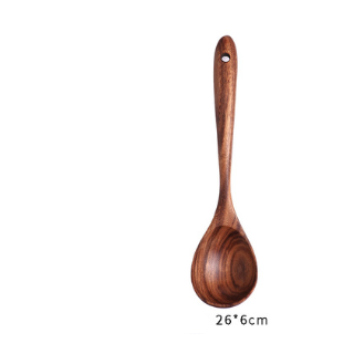 A smooth medium-brown teak wood cooking spoon with a rounded bowl and slender handle from a 7-piece kitchen utensil set.