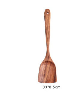 A wooden spoon from a teak wood kitchen utensil set featuring a smooth light brown finish with visible grain patterns for cooking.