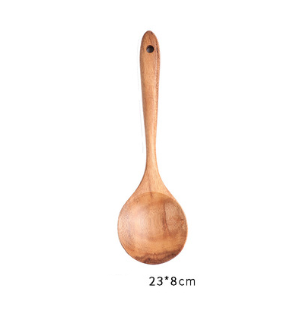A smooth light brown teak wood cooking spoon with a rounded bowl and slender handle from a kitchen utensil set 7pcs.