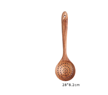 Wooden slotted spoon from a teak wood kitchen utensil set featuring a smooth natural finish and evenly spaced holes for cooking.