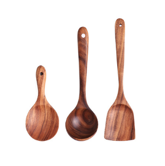 Set of three natural teak wood cooking spoons with visible wood grain and rounded handles from a 7-piece kitchen utensil set.