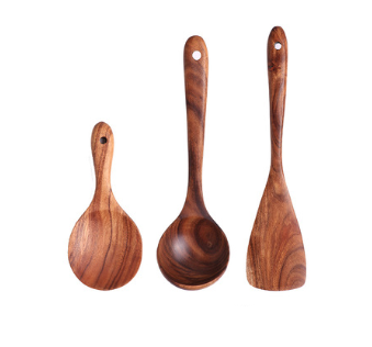 Set of three teak wood kitchen utensils with natural wood grain featuring a spoon, ladle, and spatula design for cooking.