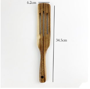 A wooden spatula with a natural wood grain finish and three parallel slots from the teak wood kitchen utensil set cooking spoons 7pcs.