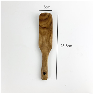 A wooden spatula from the teak wood kitchen utensil set cooking spoons 7pcs featuring a smooth natural finish and visible grain patterns.