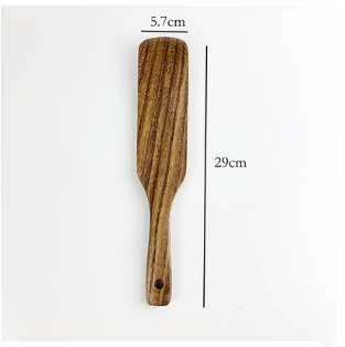 A 29cm long teak wood kitchen spatula with a natural wood grain finish and a rounded handle featuring a hole at the end from the seven-piece cooking spoons utensil set.
