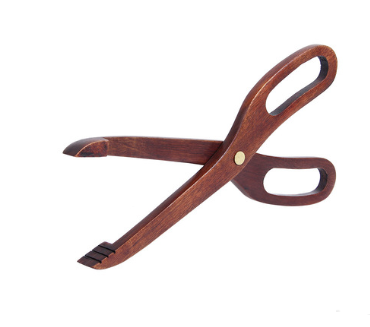 Wooden tongs with a rich brown teak finish and black rubberized tips from a 7-piece teak wood kitchen utensil set cooking spoons.