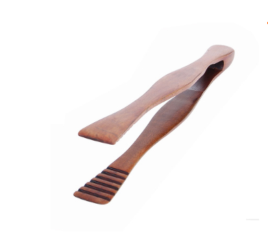 Wooden kitchen tongs from a teak wood kitchen utensil set cooking spoons 7pcs with a smooth light brown finish and parallel grooves for gripping.