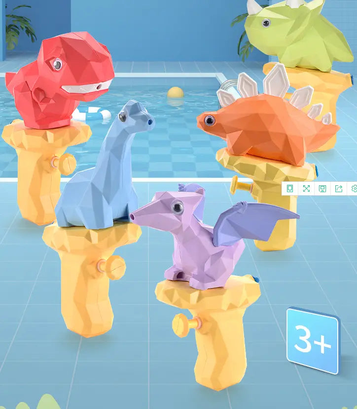 赤、青、オレンジ、紫のカラフルなローポリ恐竜の形をしたウォーターガンに、黄色いハンドルを組み合わせた、子ども向けのミニ屋外おもちゃとして設計された商品。