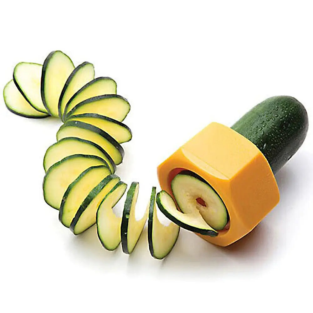 Gelbe sechseckige manuelle Gemüsespiralschneidemaschine für Zucchini-Spiral-Scheiben, Gurkenaufsatz zum Schneiden und Schneiden von dünnen Spiralrunden aus einer grünen Zucchini