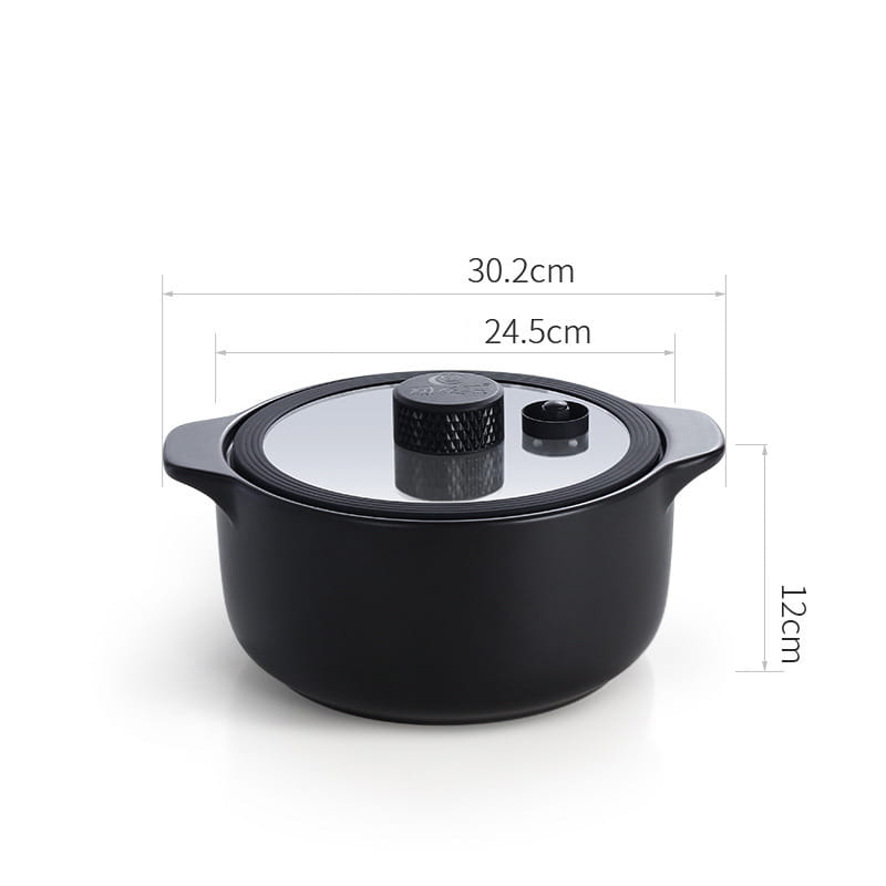 Black ceramic micro pressure anti overflow casserole pot with glass lid and textured knob.